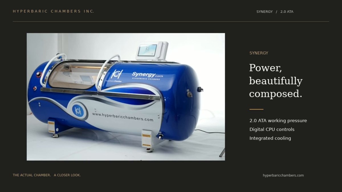 Synergy 2.0 ATA blue-and-white hard-shell lying hyperbaric chamber, with transparent sliding door and external controls. Branded product artwork.