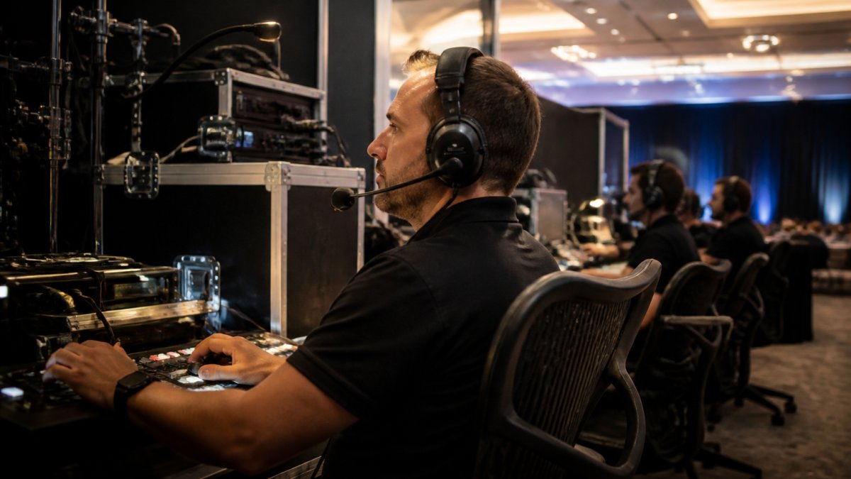 Professional broadcast control room operator monitoring multiple screens displaying live event feeds, with colleagues at technical stations in the background, warm studio lighting