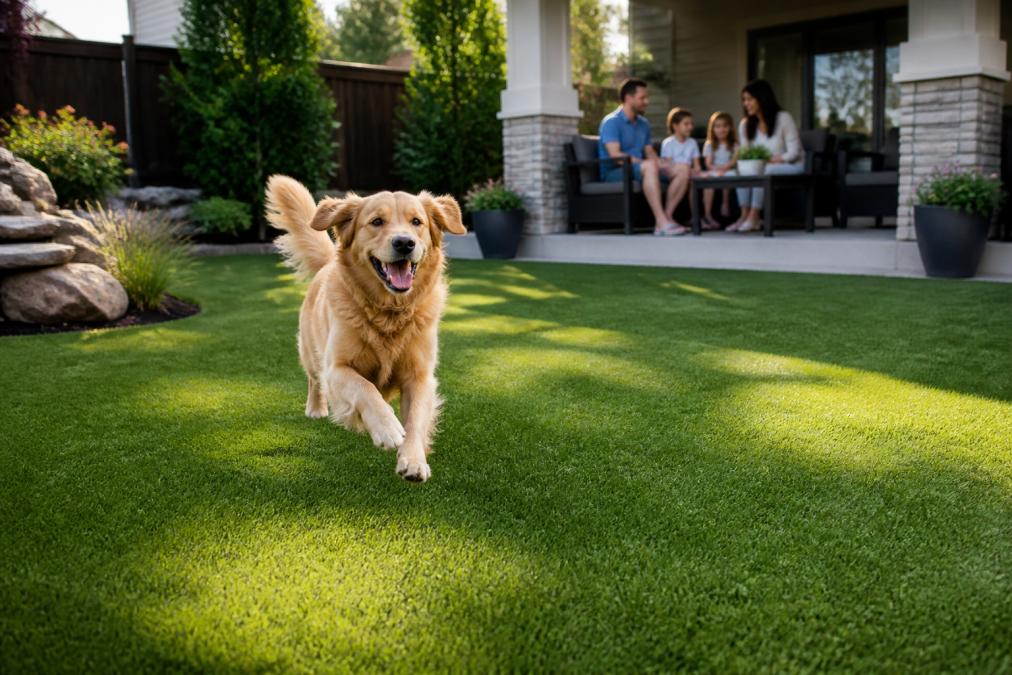 A happy dog runs across lush artificial turf, one of the best synlawn alternatives for a sunny residential backyard.