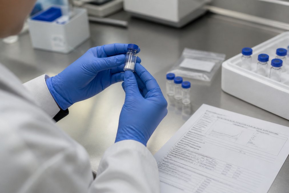 Researcher in lab coat examining a sealed peptide vial with tamper-evident packaging, with a printed Janoshik batch report visible on the workbench under bright laboratory lighting