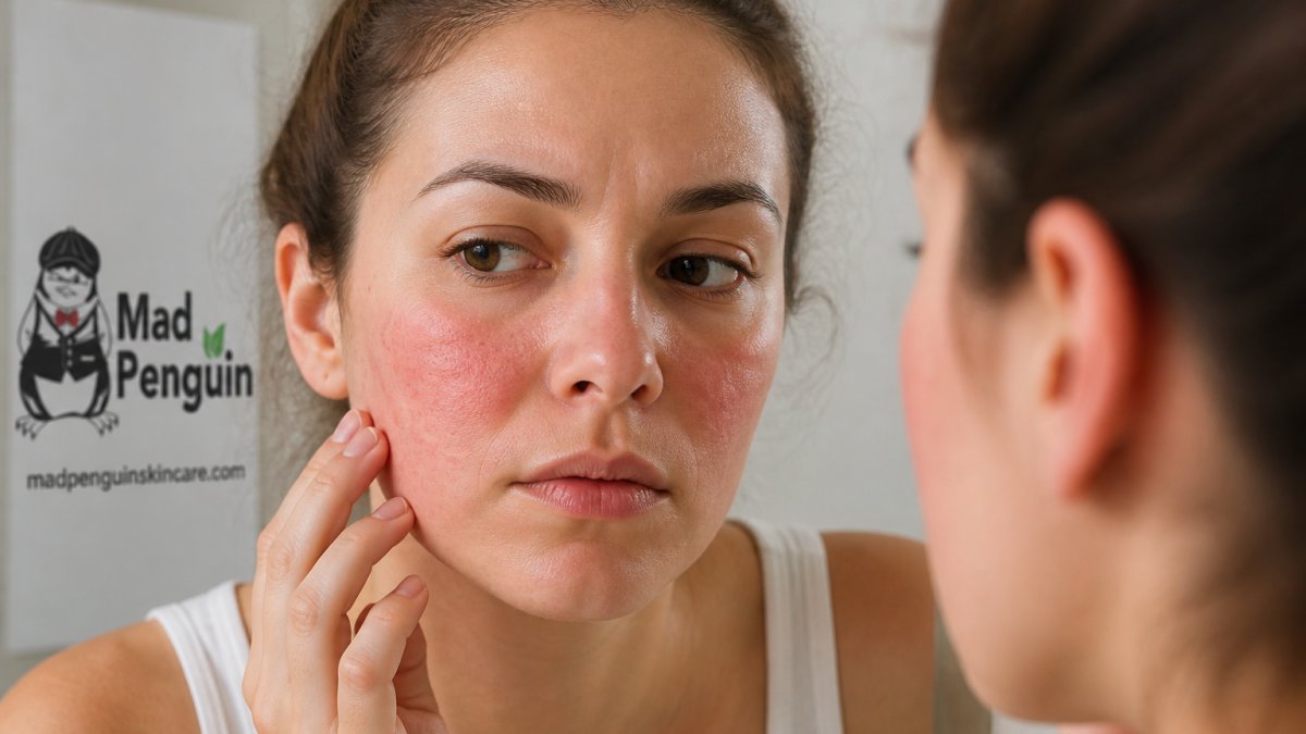 Close-up of a person's face showing visible skin redness, inflammation, and small bumps on the cheek area after exposure to fragrance