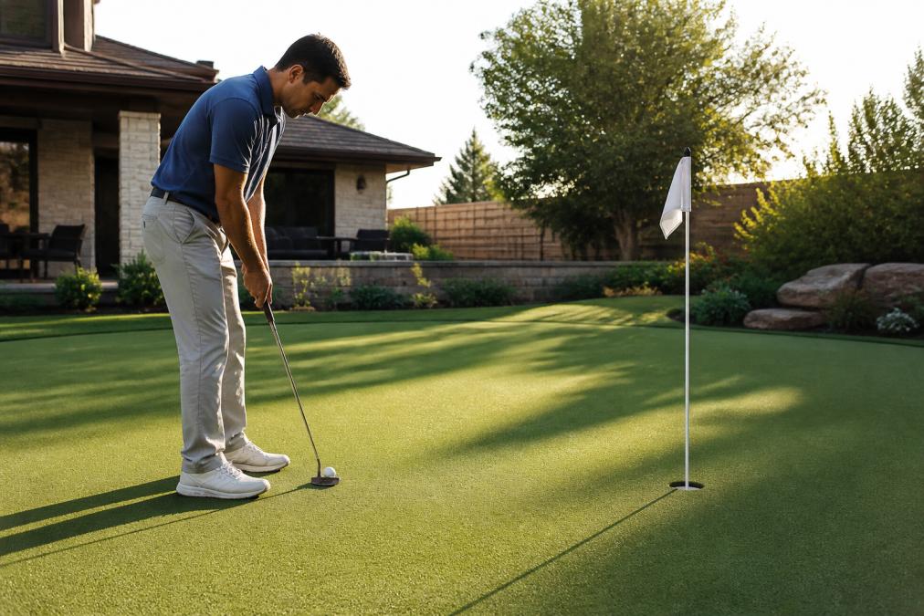 Professional golfer in polo shirt preparing to putt on a lush synthetic putting green in a residential backyard, morning sunlight casting shadows across the uniform turf surface with a flagstick in the cup
