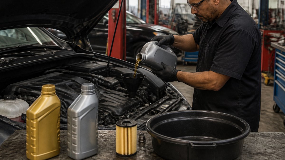 Technician pouring synthetic oil during a service to compare synthetic vs conventional oil cost differences
