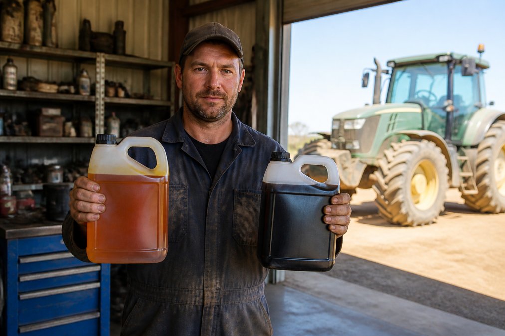 A mechanic in a dusty Mildura workshop holding a jug of amber conventional oil in one hand and a darker jug of synthetic oil in the other, with a tractor cabin visible through the open workshop door