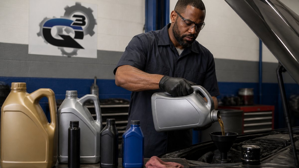 Professional mechanic pouring fresh synthetic motor oil into an engine during service, with multiple oil bottles and containers visible on the workbench showing different oil types and grades