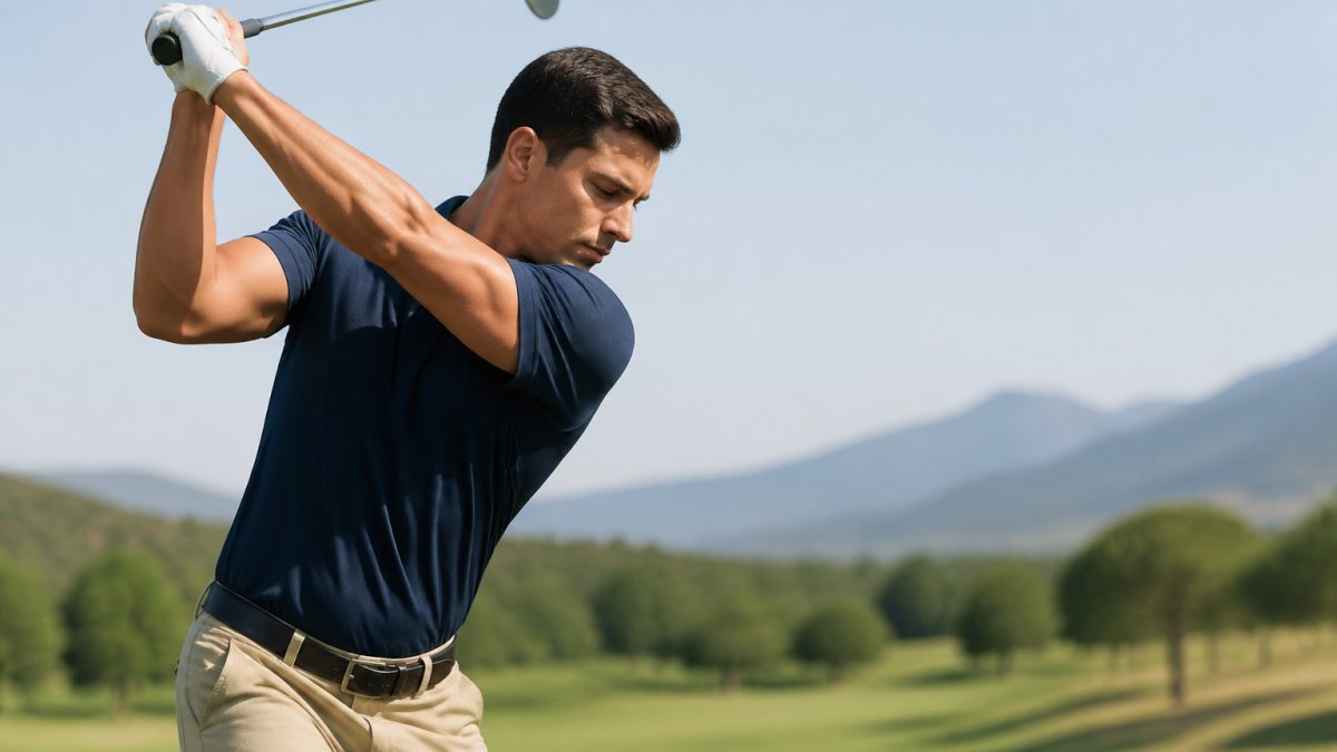 Golfer mid-swing wearing a performance polo, demonstrating full shoulder mobility and unrestricted arm movement during the backswing, with natural outdoor lighting