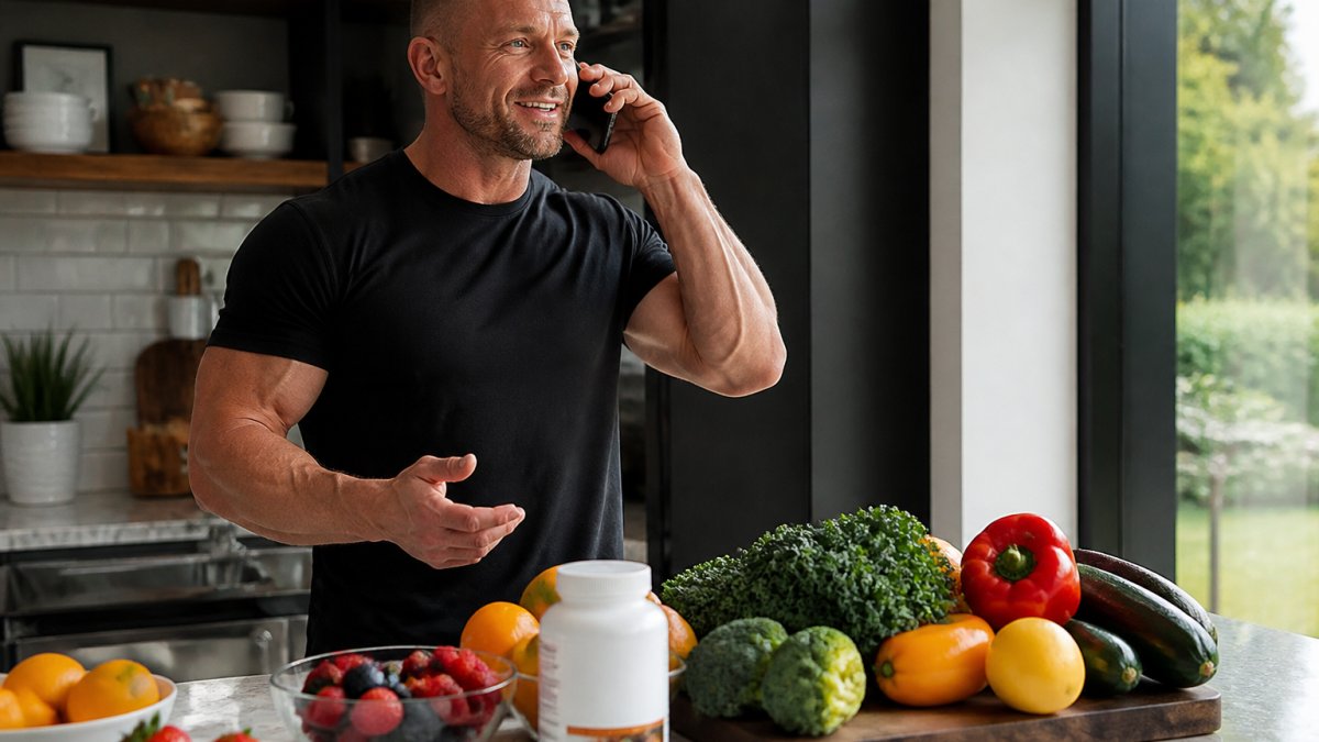 Close-up of a kitchen counter with a whole-food multivitamin bottle next to fresh fruits and vegetables, natural light