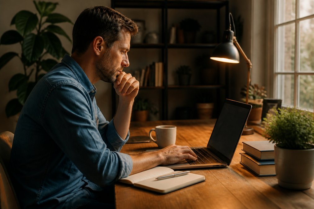 A course creator at a tidy desk reviewing their online course dashboard on a laptop, with a notebook and coffee nearby in a bright home office