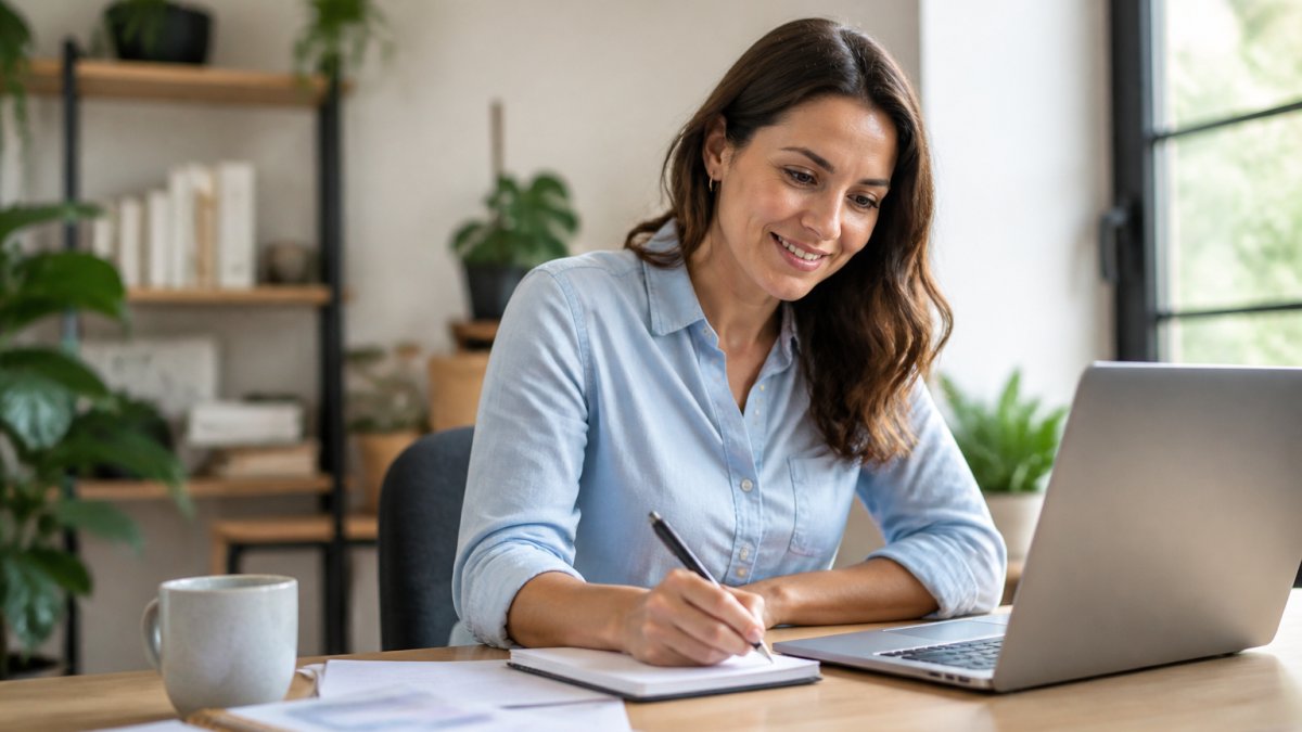 Coach indépendant créant une formation sur son ordinateur pour comparer systeme.io vs teachable dans un bureau lumineux.