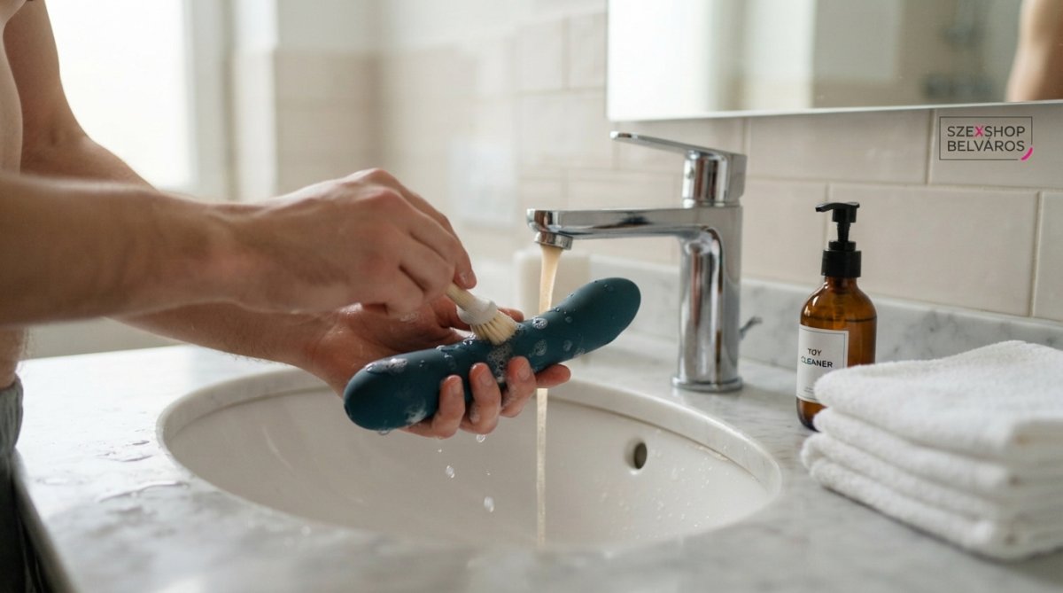 Close-up of hands cleaning a silicone vibrator with warm water and mild soap over a bathroom sink, clean towels and a bottle of toy cleaner nearby, soft daylight