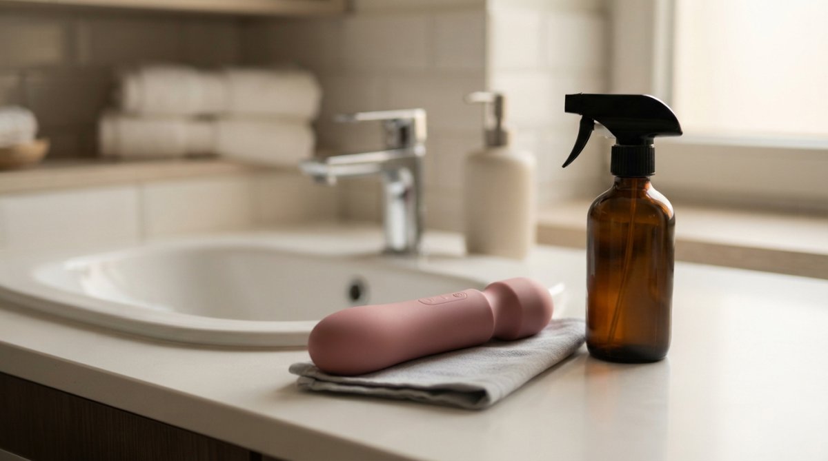 Prémium szilikon vibrátor és tisztító spray egy modern fürdőszobában a szexuális eszközök tisztítása közben.