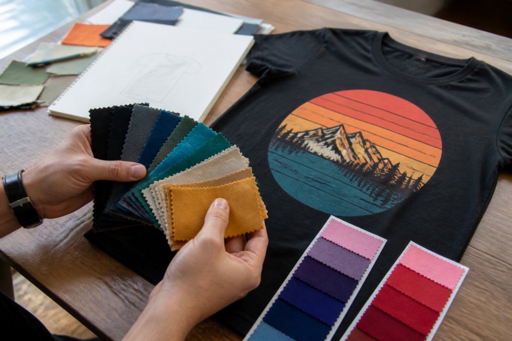 Close-up of hands holding fabric color swatches in various shades arranged next to a t-shirt design mockup on a wooden desk with natural daylight