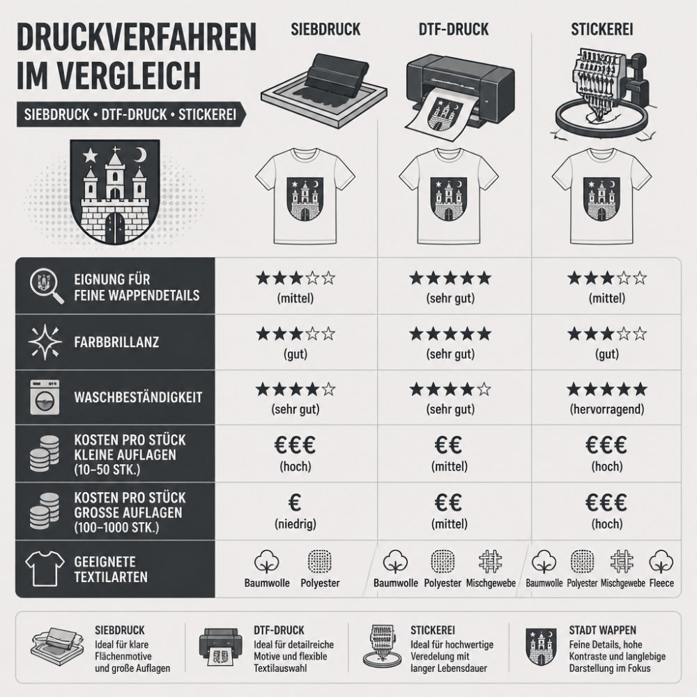 Vergleichsmatrix der Veredelungsarten Siebdruck, DTF-Druck und Stickerei nach Kriterien: Eignung für feine Wappendetails, Farbbrillanz, Waschbeständigkeit, Kosten pro Stück bei kleinen und großen Auflagen, geeignete Textilarten