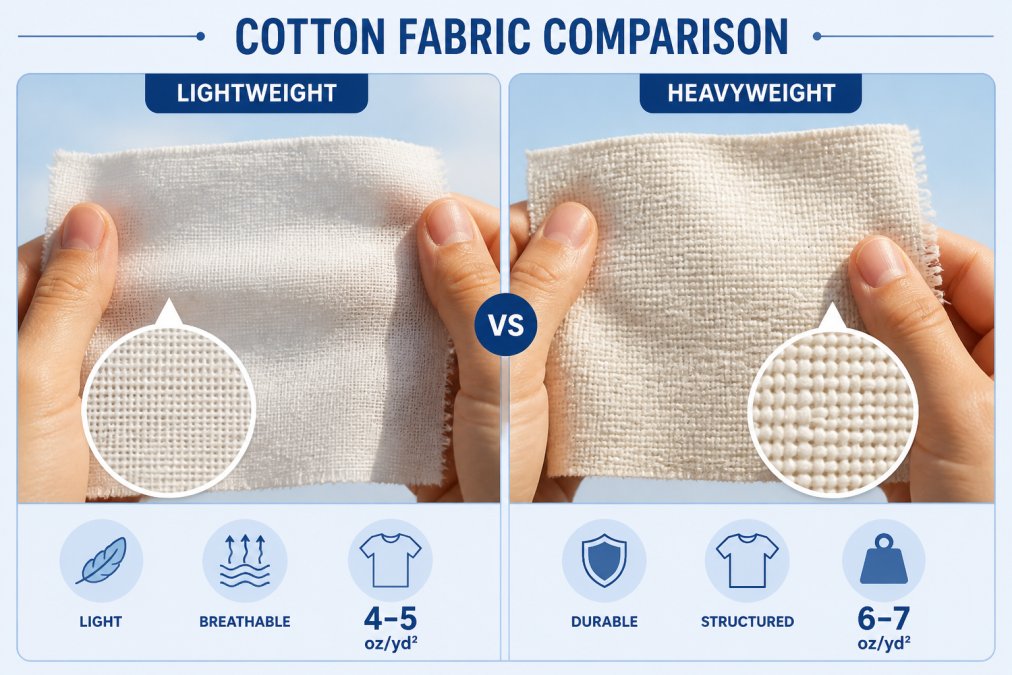 Close-up of hands holding and comparing two different cotton fabric swatches side by side, showing the visible texture difference between lightweight and heavy weave in natural daylight