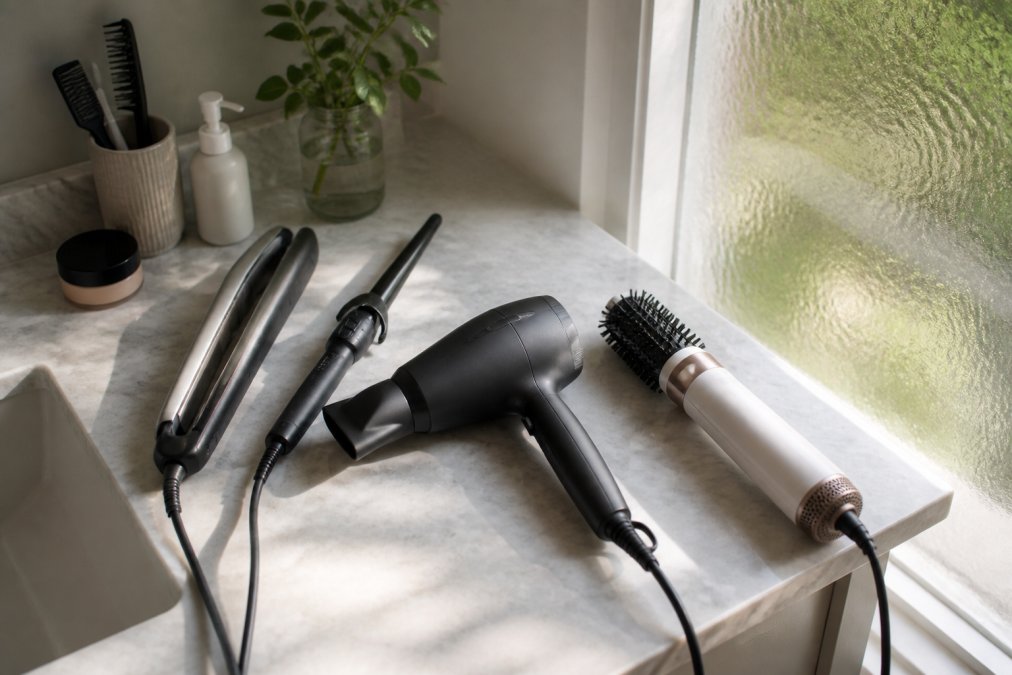 Overhead shot of a bathroom counter crowded with a flat iron, curling wand, and blow dryer beside a single compact air styler, morning light through frosted glass