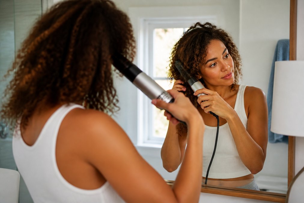 A woman with thick, curly hair using an air styling tool in a bright bathroom, with a mirror reflecting her focused expression and the tool's barrel attachment visible near her hair