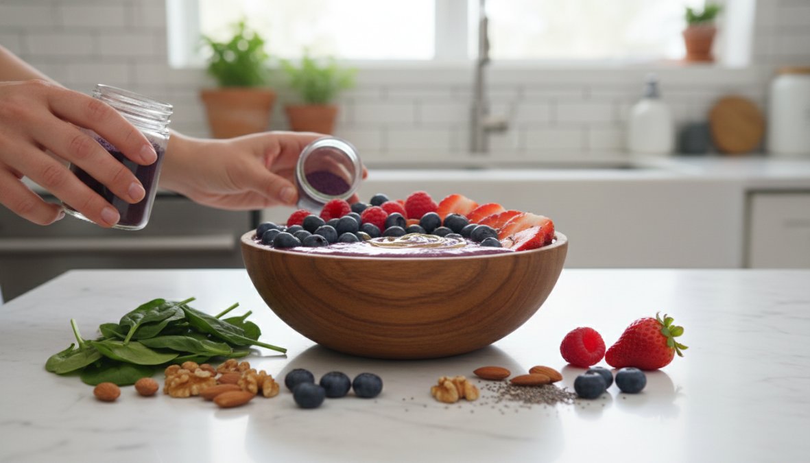 A person in a bright, sunlit modern kitchen preparing a smoothie bowl, surrounded by fresh wild blueberries, spinach leaves, walnuts, and sliced banana on a white marble countertop, photographed from above with warm morning light