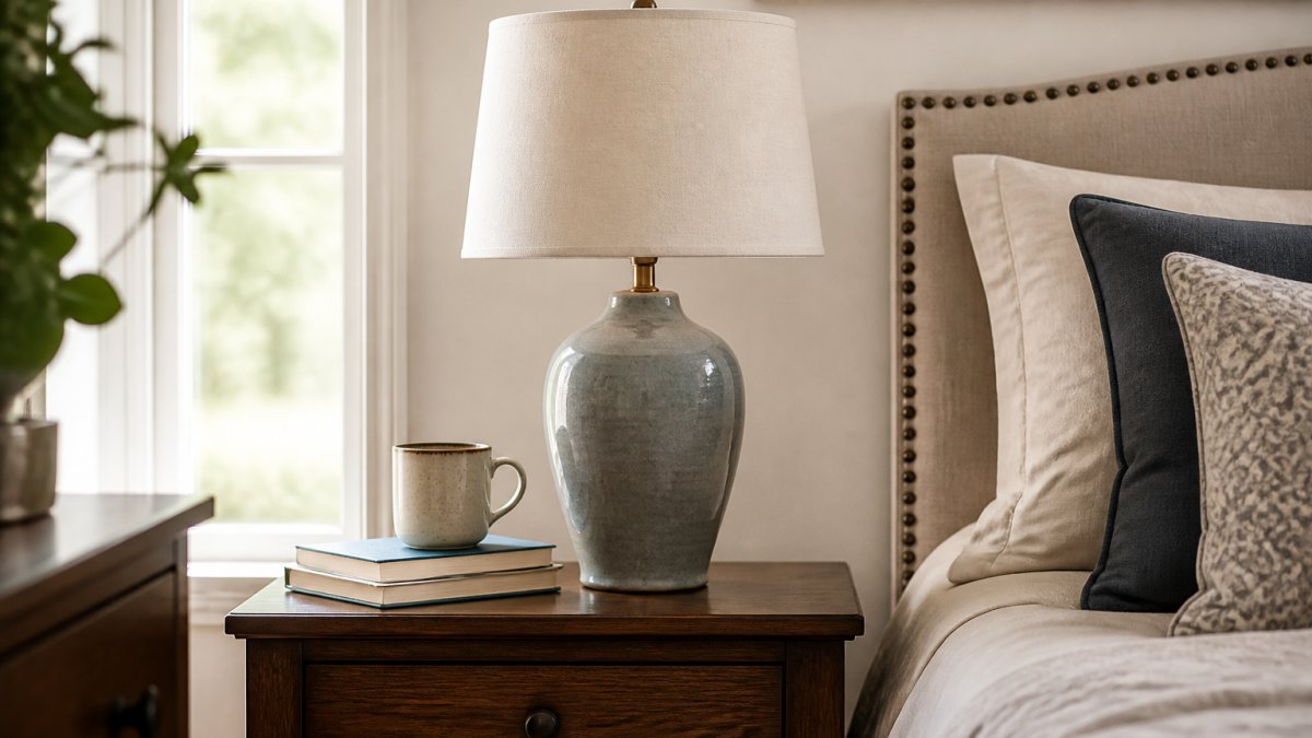 A styled bedroom nightstand with a ceramic table lamp centered on the surface, a small stack of books and a cup placed to one side, cords neatly tucked behind the table, soft morning light through a window