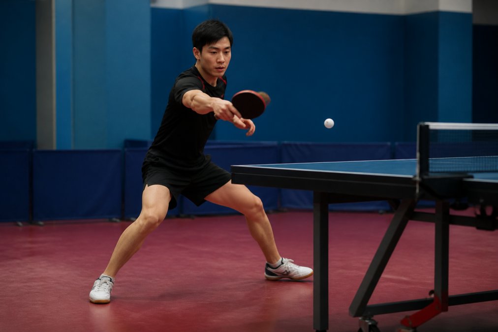 A table tennis player in athletic stance mid-rally, knees bent, weight on the balls of the feet, arm extended in a forehand drive position in a well-lit club setting