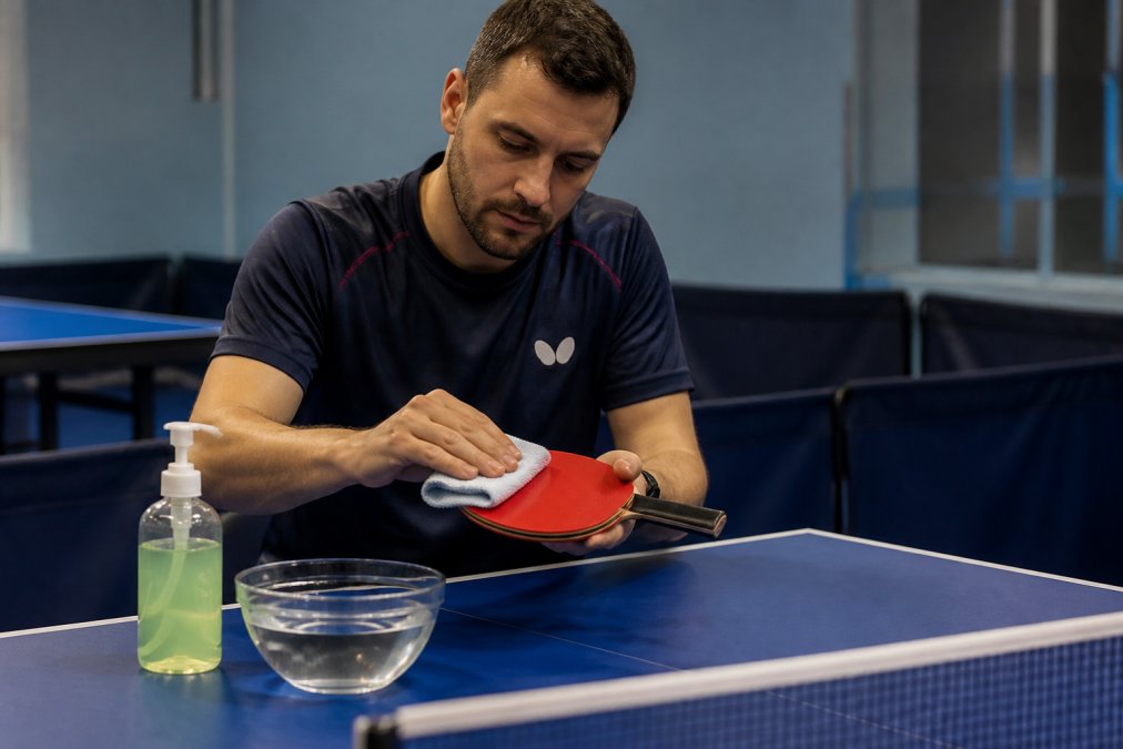 A club coach demonstrating how to clean a table tennis racket rubber with a damp cloth and mild soap on a table at a training facility