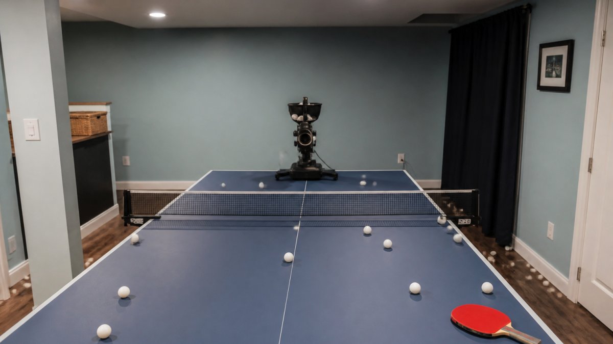 Home table tennis training setup with robot positioned at one end of the table, practice balls scattered on the surface, a ball collector tool visible nearby, and overhead lighting illuminating the playing area