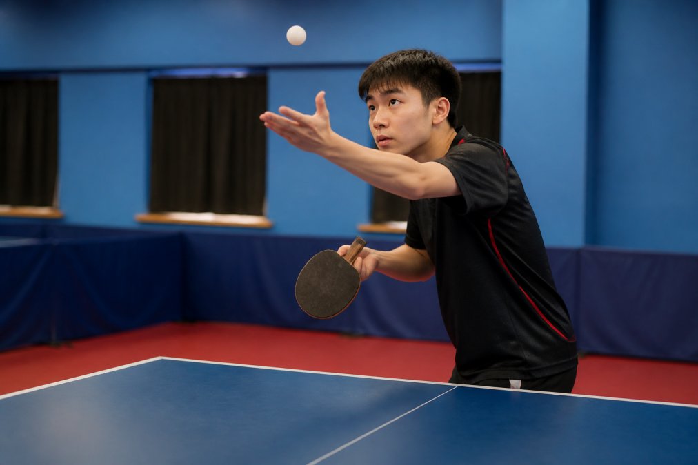 Beginner player at table tennis table performing serve motion with proper ball toss height and racket angle during service action, natural gym lighting