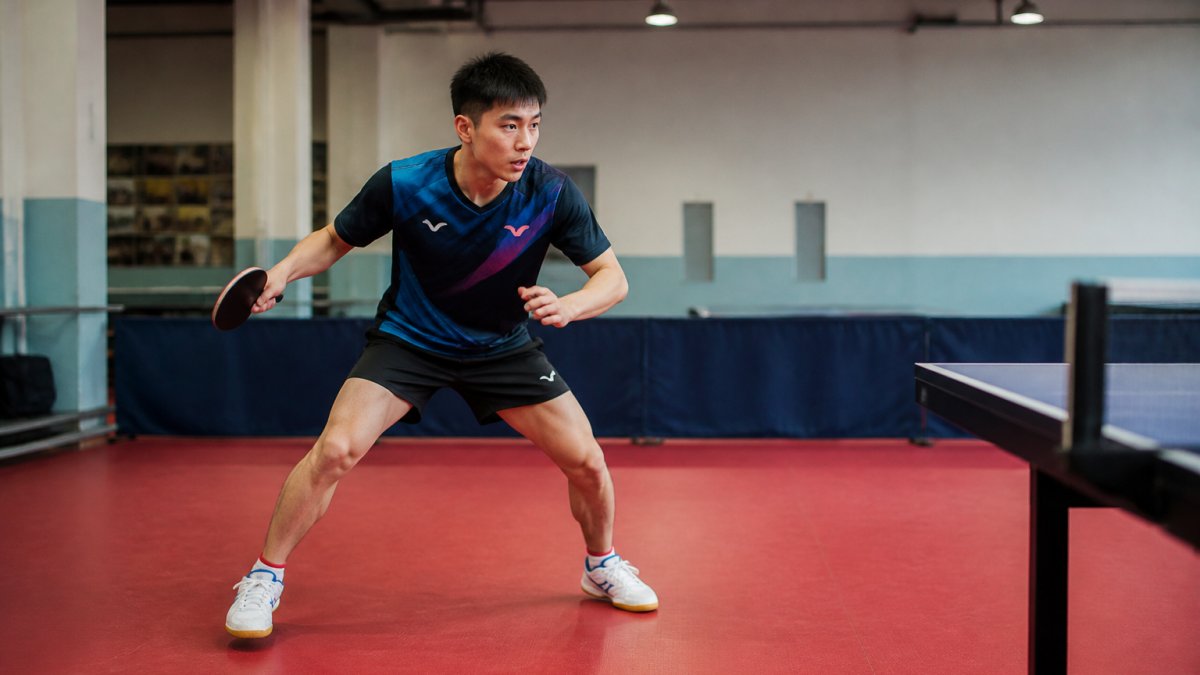 Table tennis player in athletic ready position executing rapid lateral footwork drill, weight on balls of feet, knees bent, demonstrating explosive side-to-side movement across the table with focused intensity