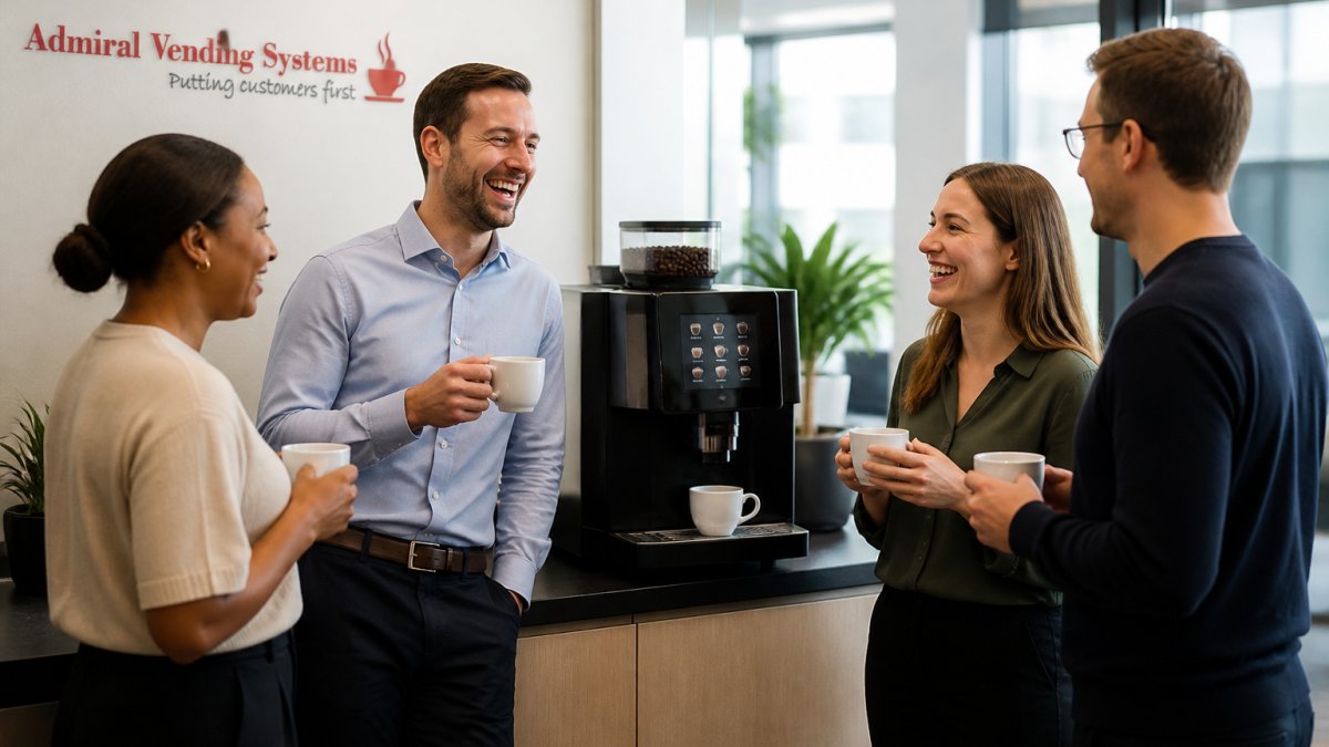 Office employees gathered around a tabletop coffee machine during a break, smiling and enjoying fresh coffee together in a modern workplace setting