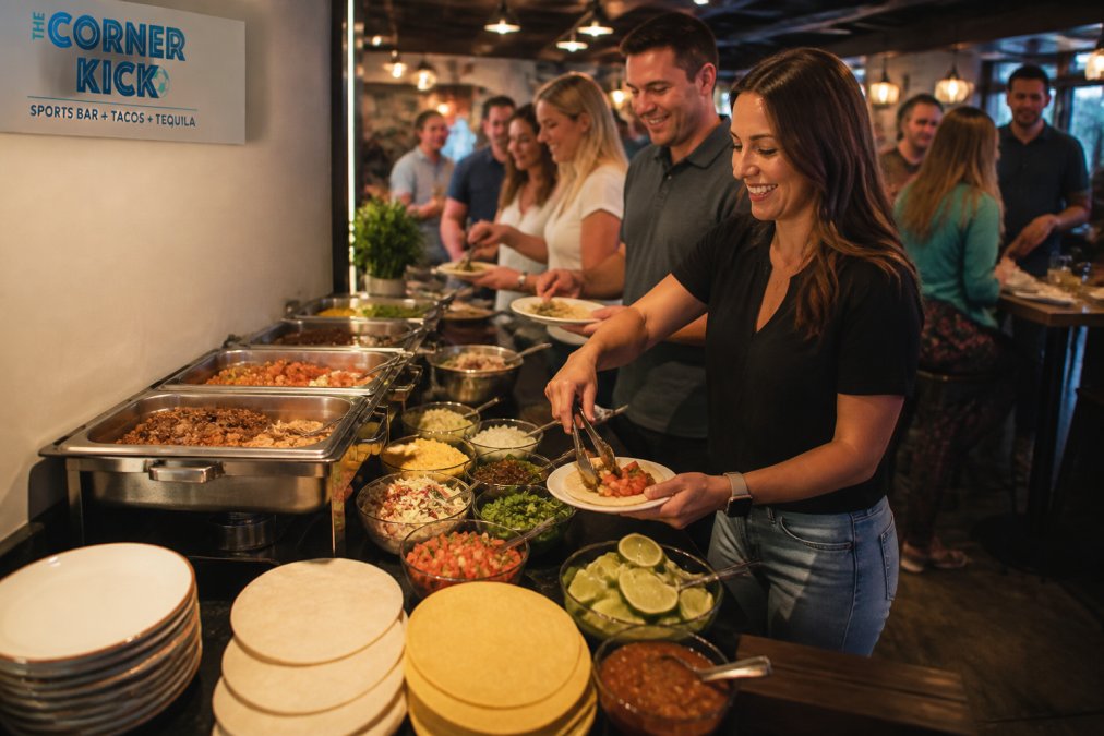 A full taco bar setup at a private party with guests moving through the line, showing warming containers with meats, colorful salsa and side dish stations, stacked tortillas and plates, and casual celebration atmosphere with warm ambient lighting