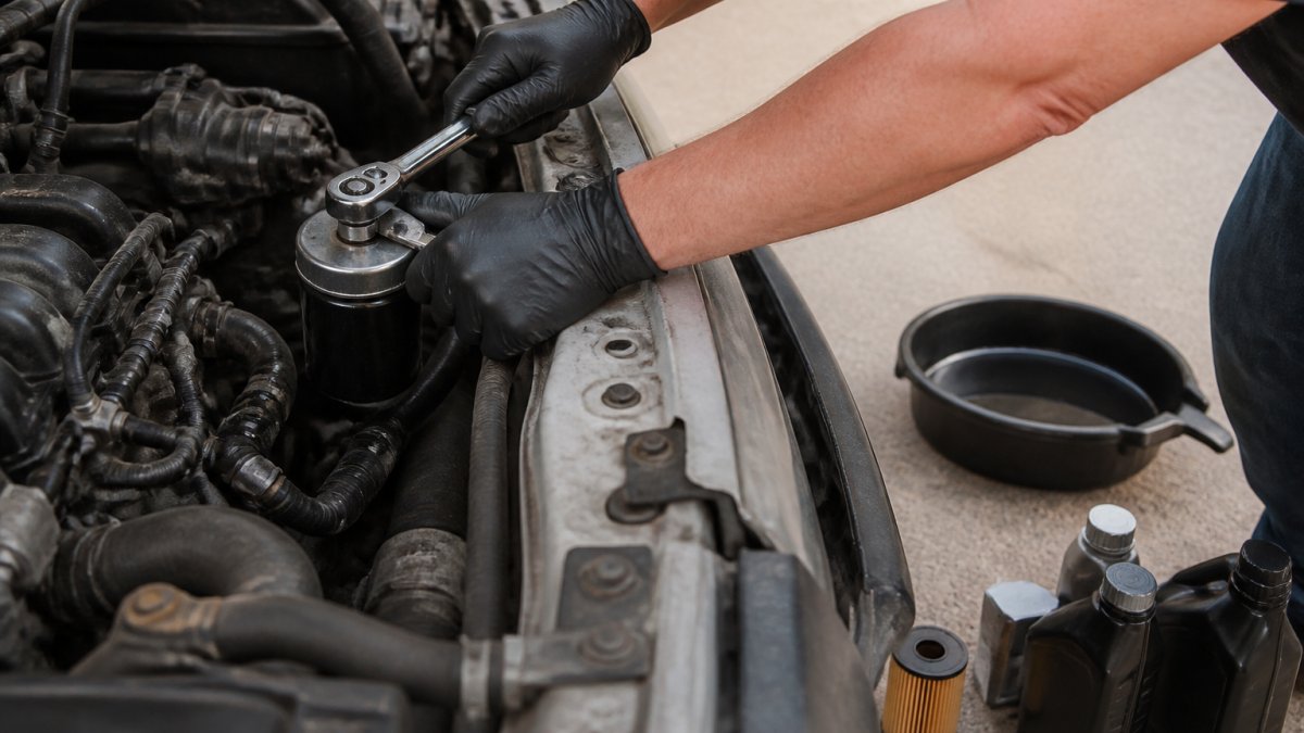 Close-up of hands using an oil filter wrench to remove an old filter from a Tacoma engine bay, with fresh oil bottles and a drain pan visible on the ground nearby