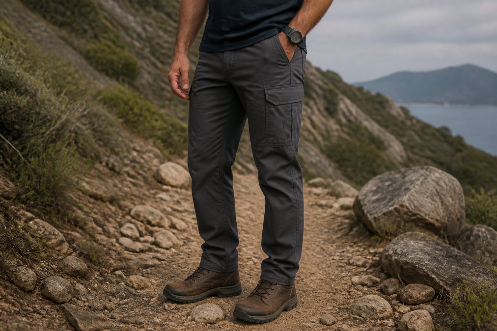 Person wearing dark neutral tactical pants with subtle cargo pockets in a casual outdoor setting, demonstrating how field-tested performance gear blends seamlessly into everyday wear without obvious military appearance