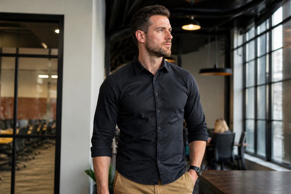 Professional wearing dark tactical-inspired shirt with subtle reinforced stitching and structured fit in modern office environment, demonstrating how mission-ready clothing integrates seamlessly into corporate settings