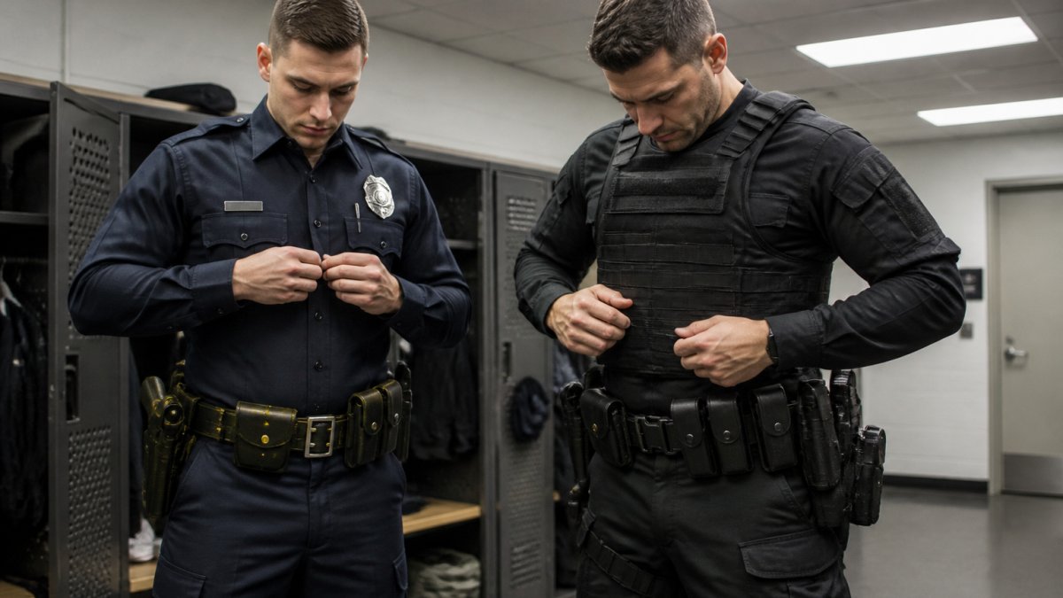 Two patrol officers preparing gear in a locker room wearing standard and tactical police uniform styles