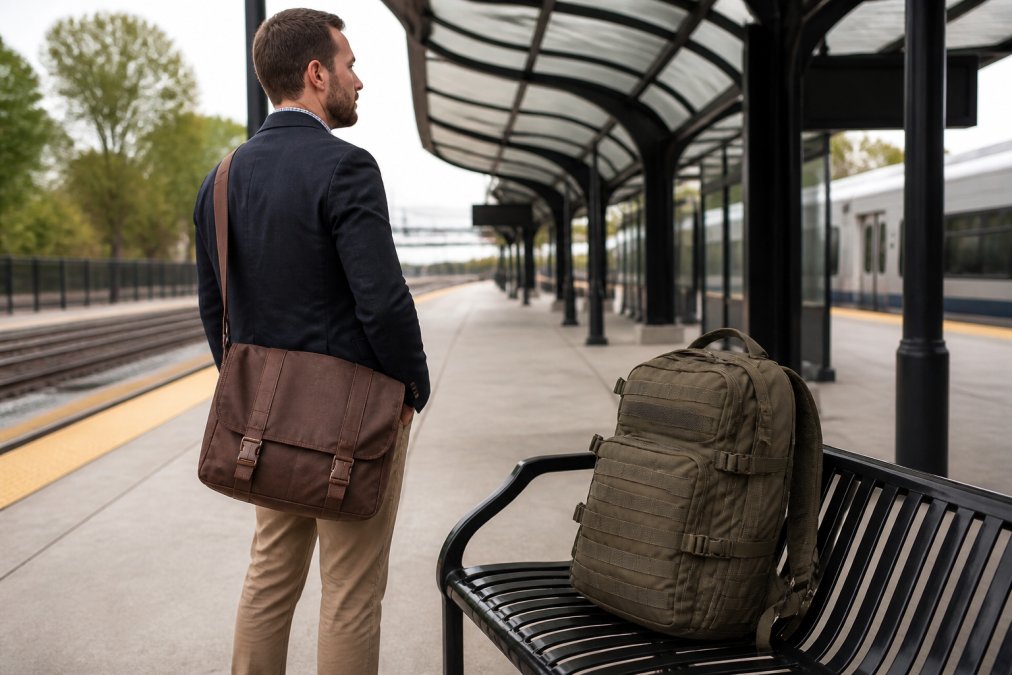 A professional commuter standing at a train platform wearing a messenger bag on one shoulder, with a tactical backpack resting on a nearby bench for side-by-side visual reference