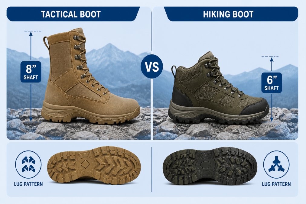 Side-by-side photo of a coyote brown tactical boot and an olive hiking boot placed on a rocky trail, showing the taller 8-inch shaft of the tactical boot versus the 6-inch hiking boot and their different lug patterns