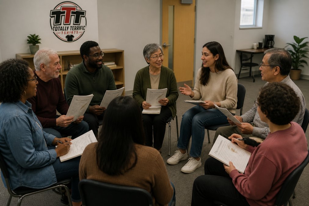 A diverse group of neighbors sitting in a circle in a community center meeting room, holding printed copies of the Constitution and notebooks, engaged in a friendly discussion about local government