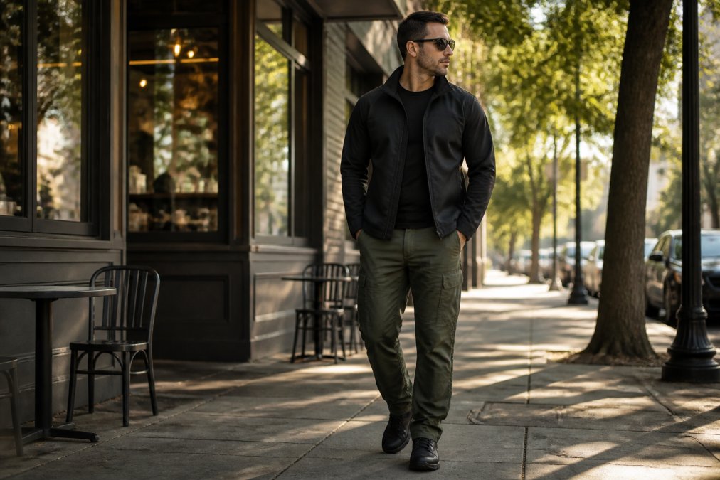 A person in a casually styled tactical outfit, wearing low-profile tactical pants and a plain jacket, standing on a city sidewalk outside a coffee shop in soft morning light