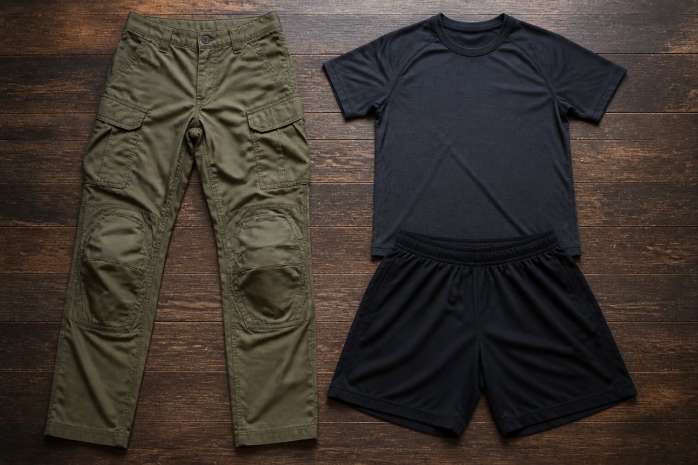 A side-by-side flat lay of tactical pants with reinforced stitching and utility pockets next to standard gym shorts and a moisture-wicking t-shirt on a dark wood surface