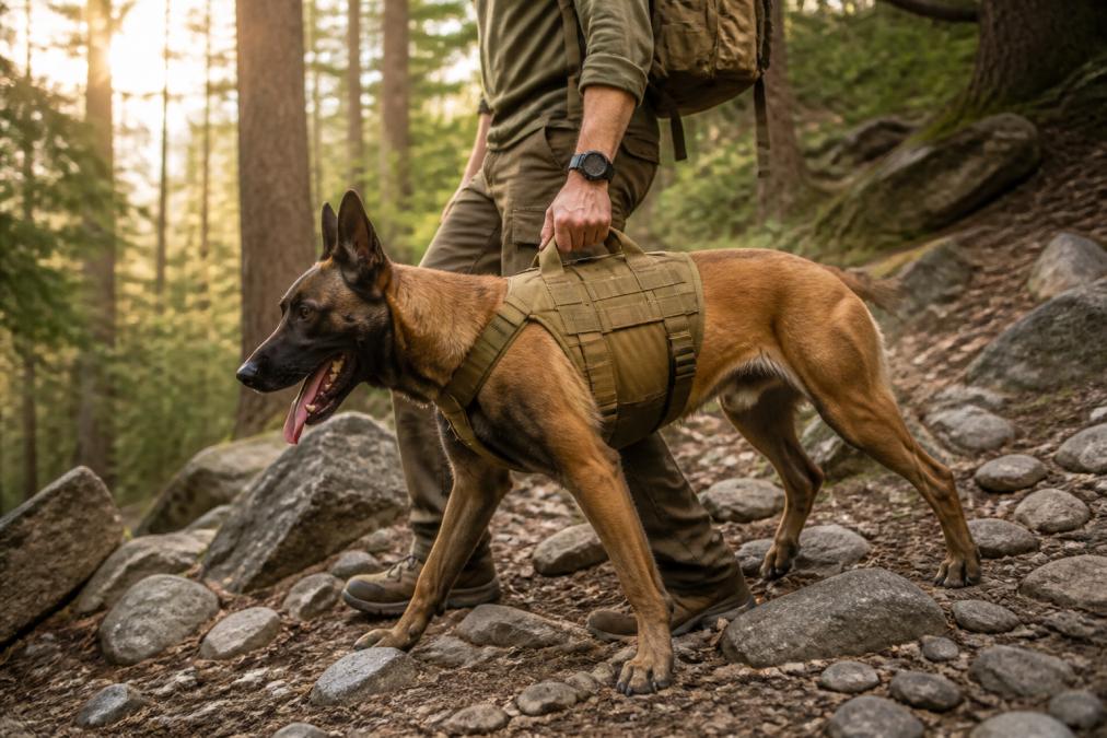 Owner holding the grab handle of a padded dog harness on a large dog hiking a rocky forest trail at dawn