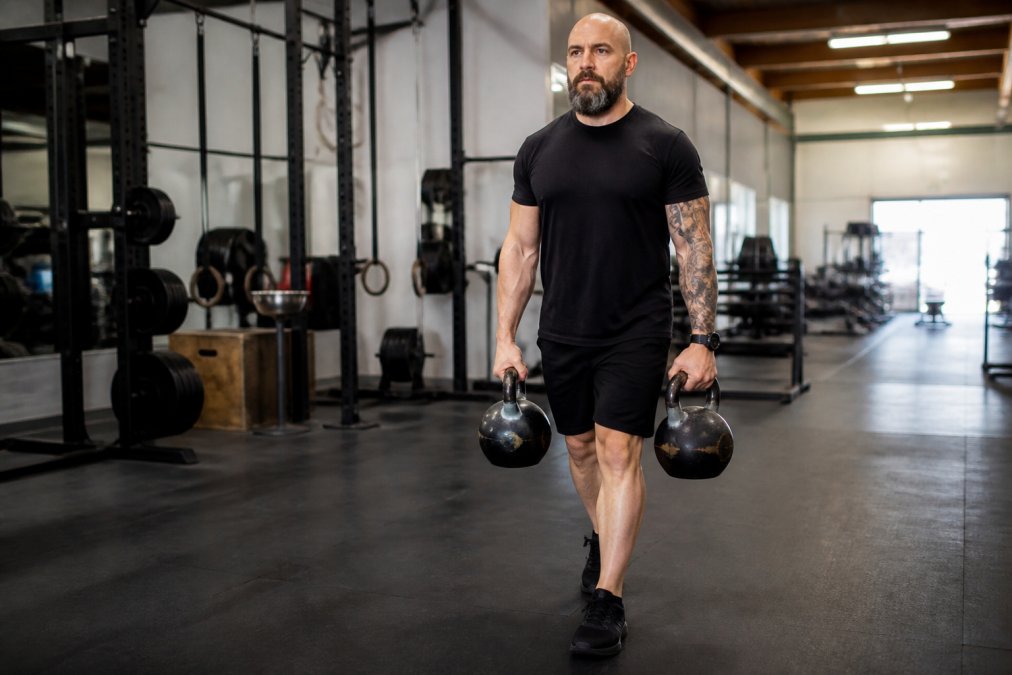 Professional demonstrating loaded carry exercise with heavy weights in modern gym setting, showing proper form and functional strength training