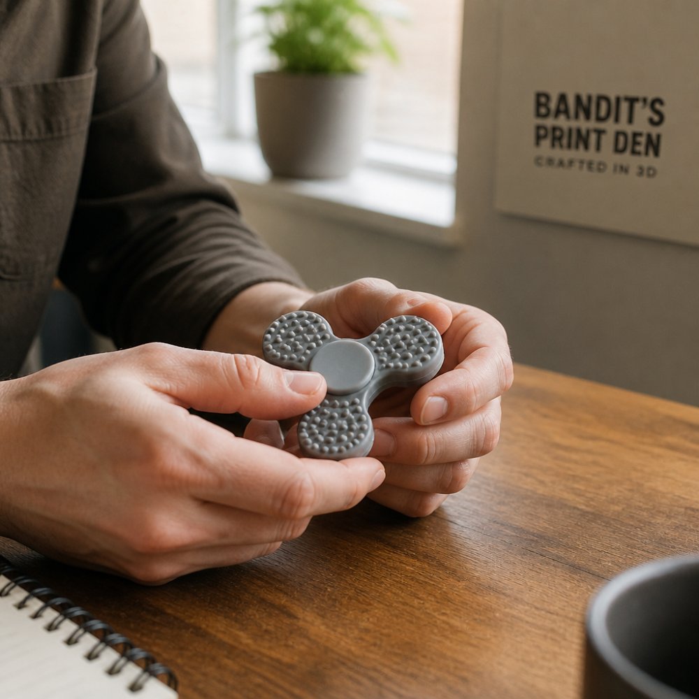 Close-up of hands manipulating a textured fidget spinner on a wooden desk surface, with soft natural window lighting illuminating the focused hand position and the toy's detailed texture