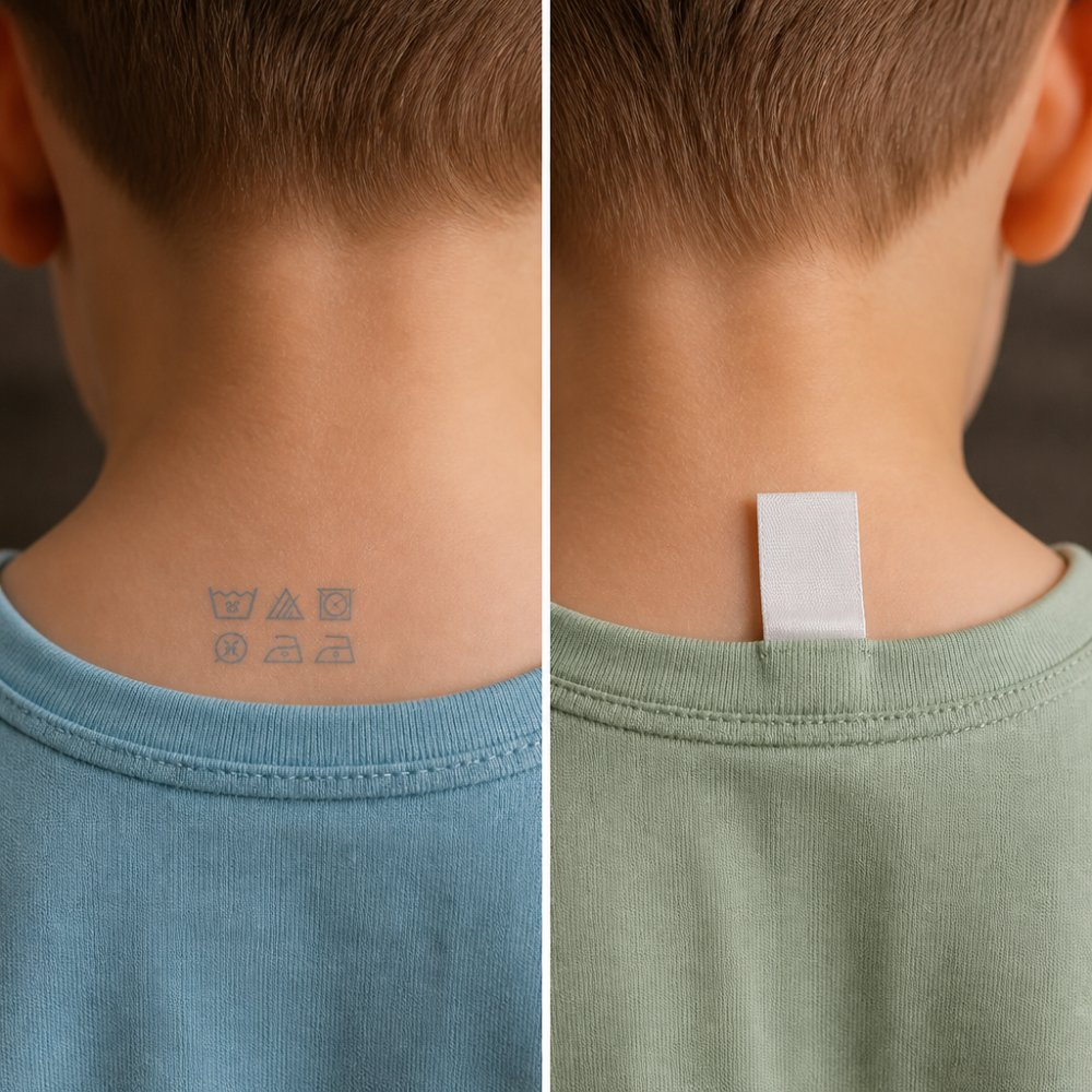 Close-up of child's neck showing a printed tagless label on one side and a traditional sewn-in tag on the other side, demonstrating the physical difference between the two label types