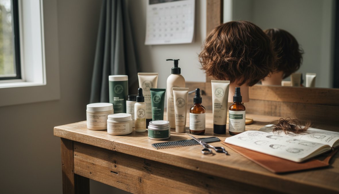 Selezione di prodotti per capelli corti disposti su piano bianco lucido: spray texturizzante, maschera leave-in in flacone bianco e piastra professionale nera, sfondo neutro con luce naturale diffusa