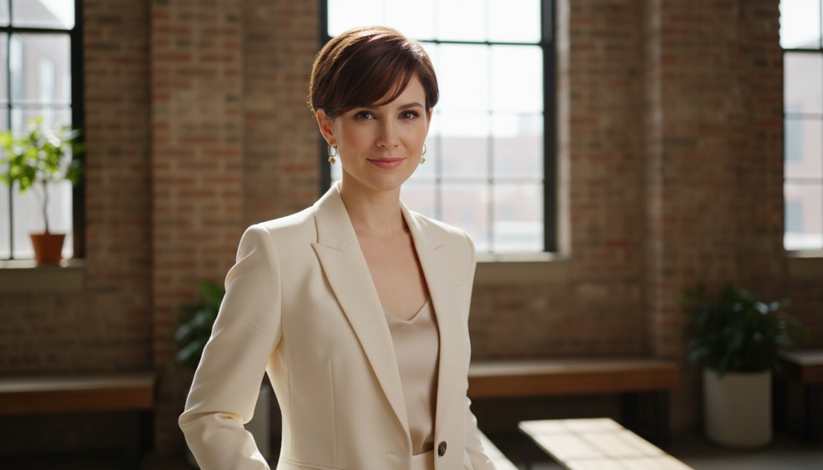 Donna con elegante pixie cut moderno, capelli castani lucidi con styling preciso e ciuffo laterale, fotografata in strada in contesto urban chic con luce naturale del mattino, indossa un cappotto grigio strutturato