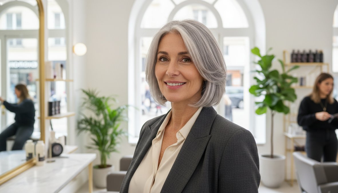 Donna di circa 55 anni con bob scalato e raffinato, capelli grigi con riflessi argentati luminosi, sorridente in un ambiente interno luminoso con grandi finestre, abbigliamento elegante casual in tonalità neutre