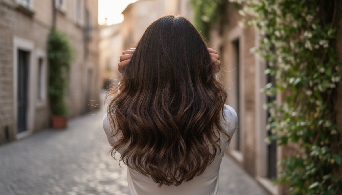 Dettaglio ravvicinato di capelli lunghi castani con scalature pronunciate, fotografia in studio con luce diffusa che evidenzia i diversi strati e la definizione delle lunghezze