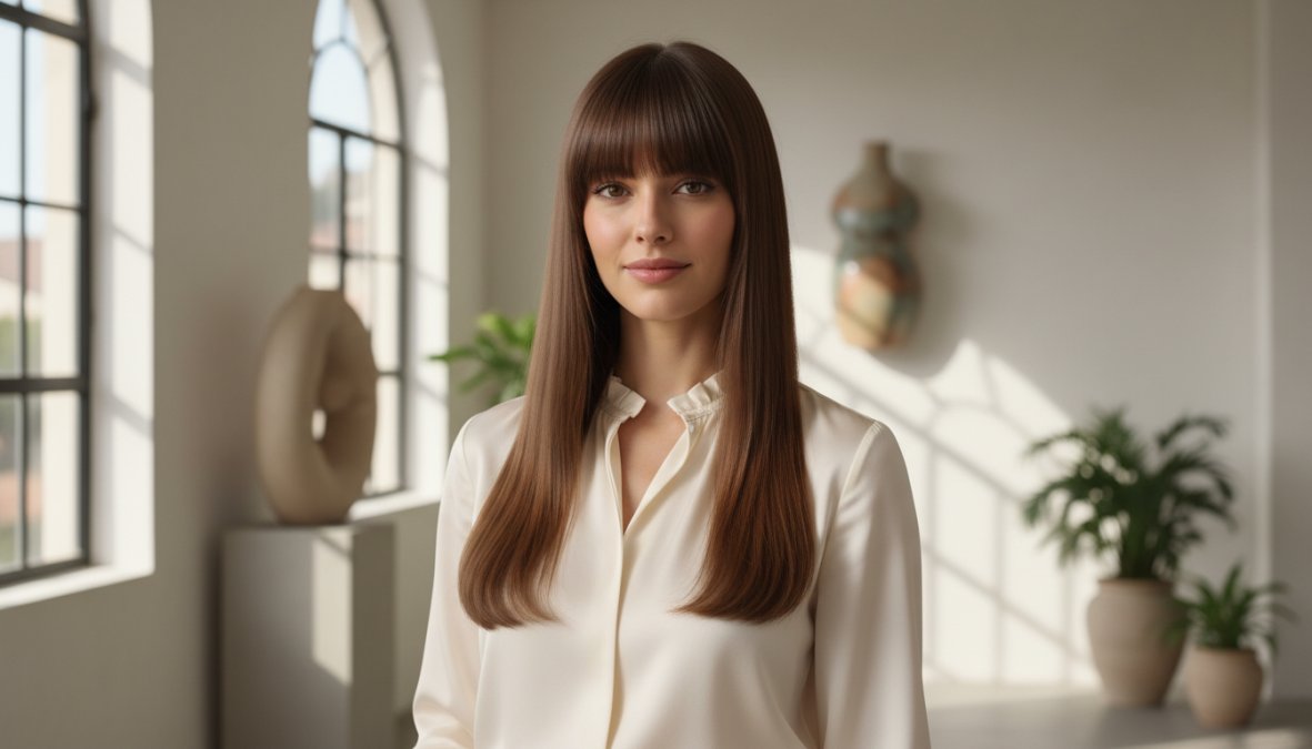 Una giovane donna con capelli lunghi lisci e frangia piena che scende fino alle sopracciglia, fotografata di fronte con luce naturale diffusa in uno studio elegante, hairlook moderno e sofisticato con chioma lucida e liscia