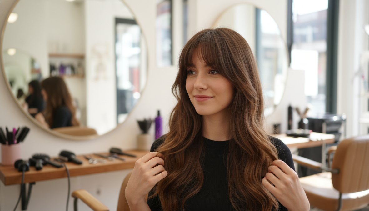 Primo piano di una donna con capelli lunghi mossi e frangia a tendina che scende ai lati del viso incorniciandolo, sfondo neutro chiaro, luce morbida laterale che valorizza la texture naturale e il volume della chioma