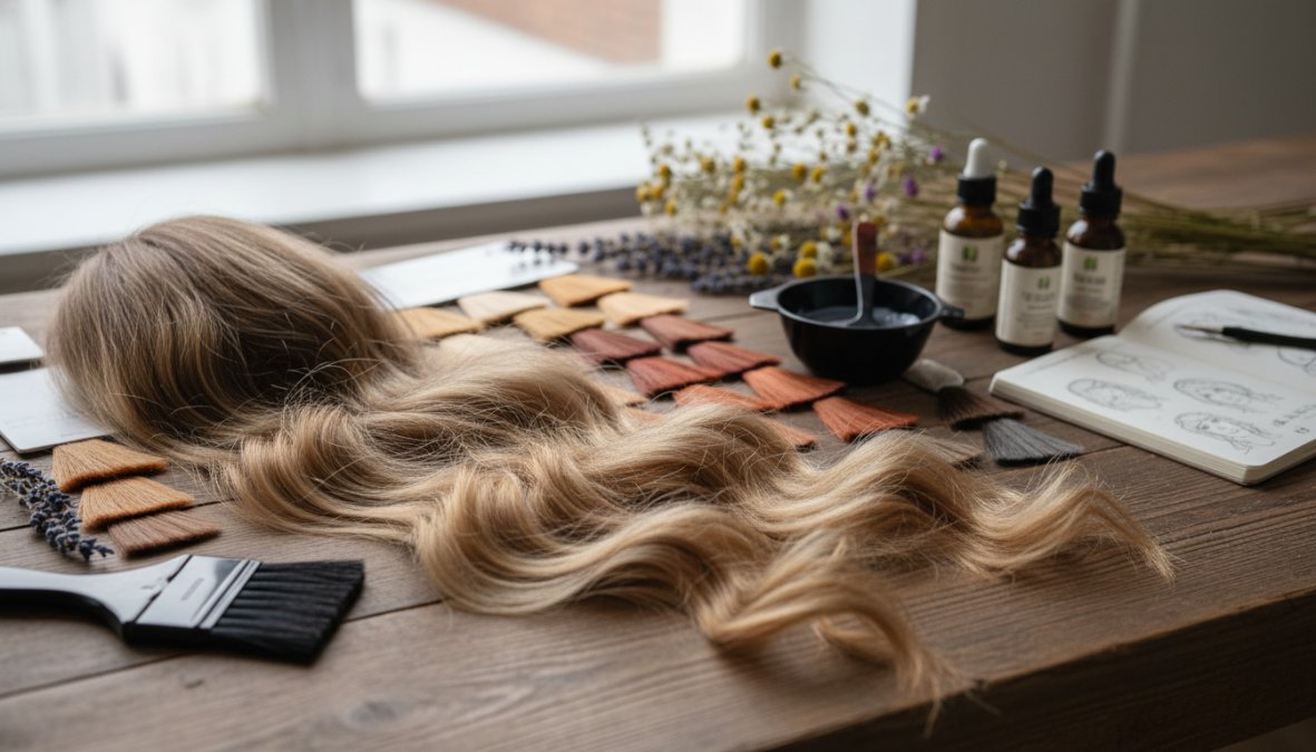 Selezione di sfumature di colore su capelli mossi lunghi: balayage miele su base castana, rosso ramato su onde 2B, biondo sabbia su onde 2A, fotografate in luce naturale per evidenziare la tridimensionalità delle onde