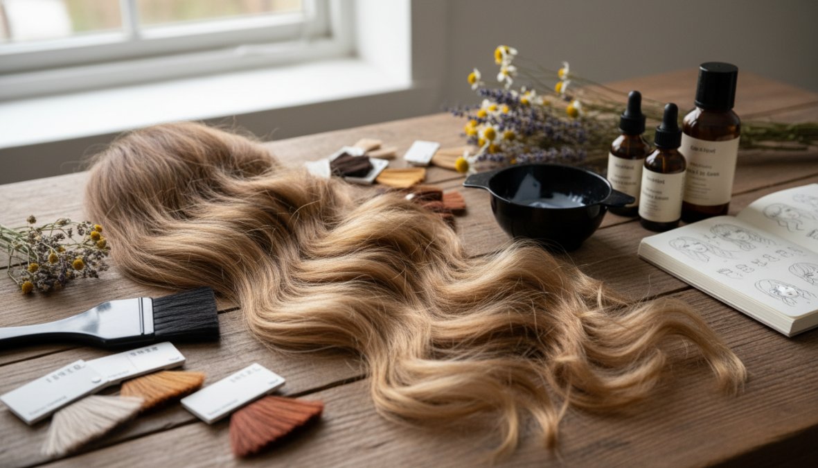 Donna con capelli lunghi mossi naturali e onde morbide a S in uno studio fotografico luminoso, luce naturale che illumina la texture e il volume della chioma, sfondo neutro bianco